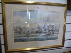 A watercolour of boats beside town and bridge signed J MacDonald, 46.5 x 29.5cm
