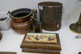 An old wooden carved pot, copper cauldron and sundry