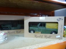 Two metal hand painted display models of a Land Rover and a Jeep