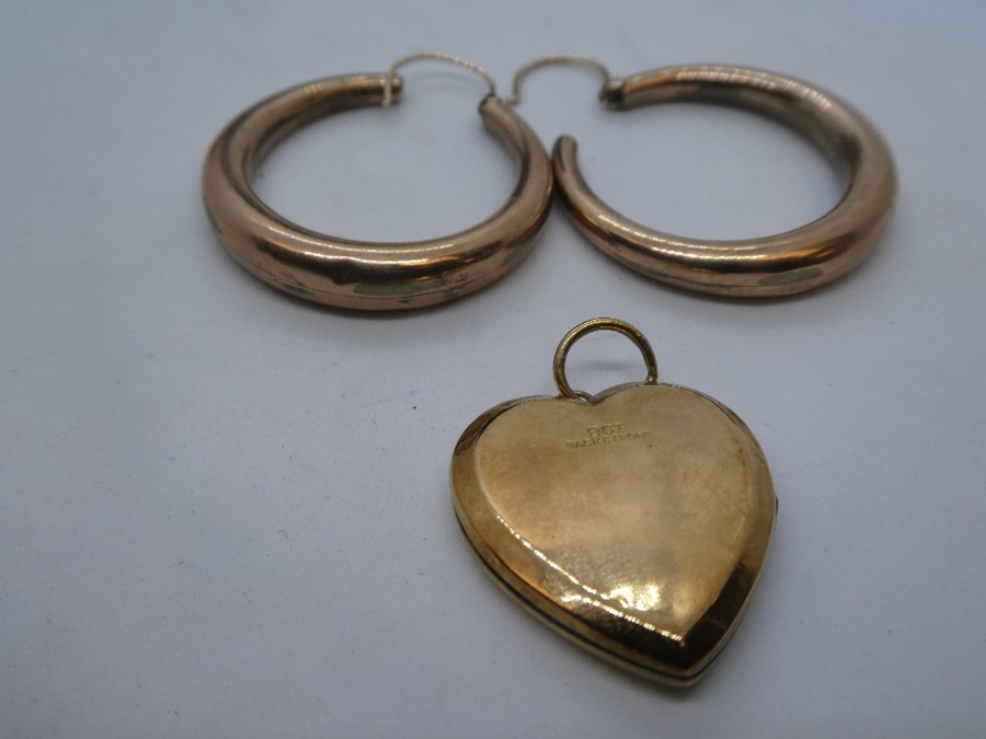 Pair of 9ct Rose gold hoop earrings, marked 9ct, approx 4.9g and 9ct back and front heart shaped loc - Image 2 of 2