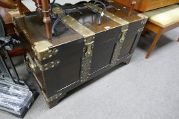 Oriental style camphor wood chest, having engraved brass decoration, 101cm