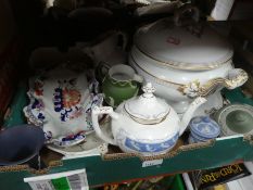 A box of china and pottery to include Wedgwood and Coalport
