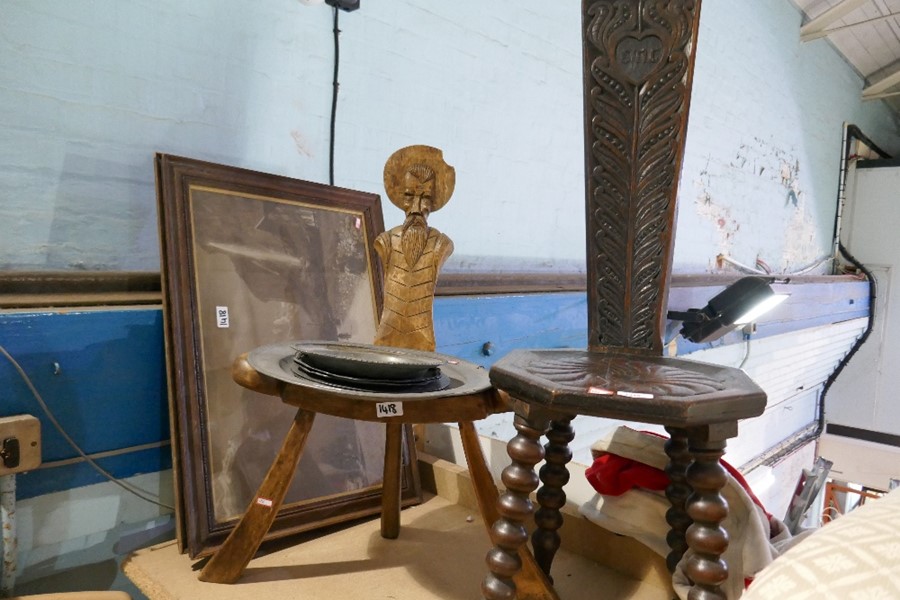 An old carved spinning chair on bobbin legs, pewter plates and sundry
