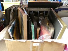 Box of framed and glazed pictures and prints, old books, etc