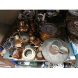 Two boxes, mostly brass and copperware, jugs, ladles etc and vintage china including Masons