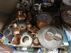 Two boxes, mostly brass and copperware, jugs, ladles etc and vintage china including Masons