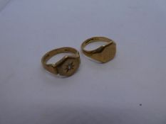Two gents signet rings, one set with a diamond, size S, marked 375, 11.5g approx