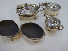 A quantity of silver items of salt with various hallmarks and a Bristol blue insert 7.68 ozt approx
