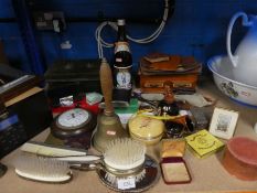 A selection of various collectables including brassware, vintage boxes/tins and a bottle of Sake