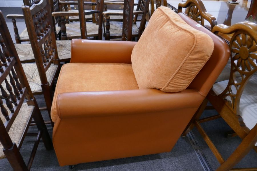 A modern orange leather and fabric armchair - Image 8 of 9