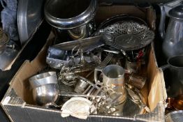 Two boxes of silver plated ware to include coffee pts, oil lamp, mugs, toast racks, plates, etc