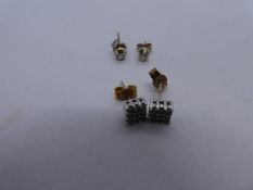 Pair of 9ct yellow gold diamond chip square cluster earrings and unmarked gold pair of diamond studs