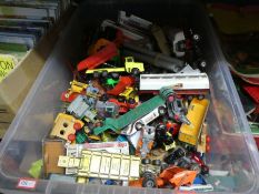 Crate of play worn children's cars, buses, trucks, etc