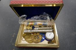 Victorian silver fob watch, military badges and sundry