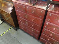 Pair of red painted pine chests 2 short and 4 long drawers, decorated with flowers and bow vines