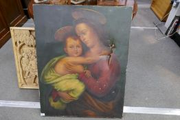 A Victorian oil on canvas of mother and child, probably religious, unframed 71cm x 91cm