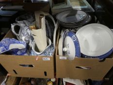 Two boxes of mixed tableware including Teal & Sons, plus a mirror