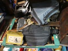 Box of various vintage cameras, equipment including Kodak, etc