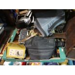 Box of various vintage cameras, equipment including Kodak, etc