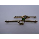 9ct yellow gold bar brooch with an emerald, marked 9ct and another yellow metal example, set with a