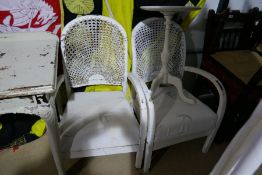 Pair of white painted bergere back armchairs and painted wine table