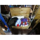 Vintage trunk containing vintage clothing, dress etc and a bag containing a Wedding dress etc