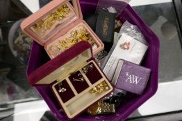 A box of mixed costume jewellery, fashion watches, etc