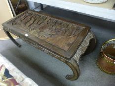 A Chinese carved rectangular coffee table decorated ships and buildings, 119cm