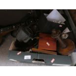 A box of mixed collectables, including vintage binoculars, die cast, etc plus a vintage banjo AF, et