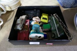 A small box of toy cars to include Corgi, Porsche, Dinky, Lady Penelope, Corgi James Bond, Lamborghi