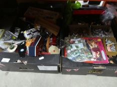 4 boxes of vintage and new toys to include tinplate items, Hornby, marbles, cars, wooden tractor and
