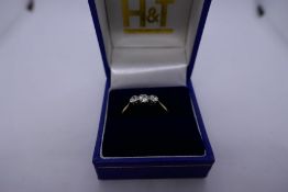 Traditional 18ct yellow gold trilogy ring set with three brilliant round cut diamonds, approx 0.40 c