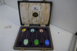 Very attractive cased set of six coffee spoons with pretty enamel on the back, and coffee bean desig