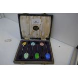 Very attractive cased set of six coffee spoons with pretty enamel on the back, and coffee bean desig