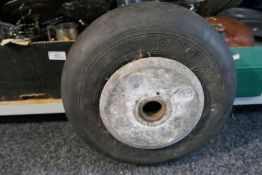 Two tyres and rims Dunlop 15 x 475 - 6 1/2  LaR14 reputedly from a WW2 aircraft