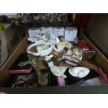 Box of religious items to include a brass cross, resin figures, bible, etc