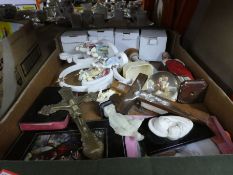 Box of religious items to include a brass cross, resin figures, bible, etc