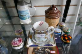 Six pill boxes by Poole, Crummles etc Royal Worcester millennium mug and two plates, pottery car wit