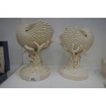 Beleek Nautilus shell centrepiece, with black stamped mark and other other slightly smaller example,