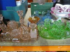 Three coloured pressed glass dressing table sets, Victorian teaware and sundry