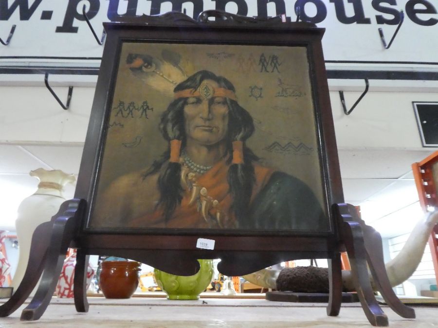 A wooden free standing fire screen with a painted front of a Native American - Image 2 of 2