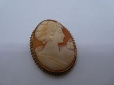 9ct yellow gold oval cameo brooch, with safety chain, marked 375, 5cm length maker AC & Co