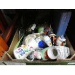 A box of collectables to include decanter, vases, glasses, china birds, plates, mirrors and dishes,