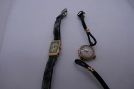 An old ladies 9ct gold Rolex of hexagonal shape, possibly 1920's, and a ladies 9ct Omega wristwatch