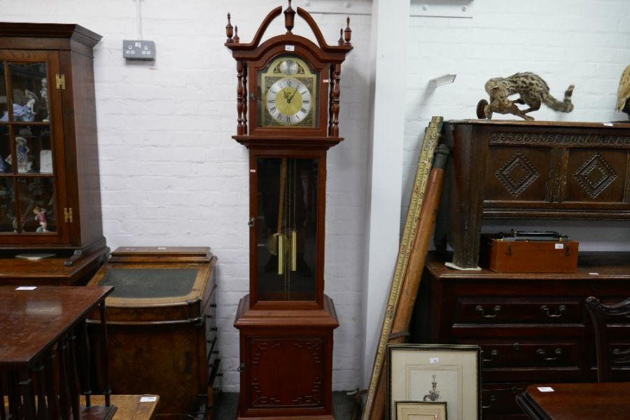 A reproduction hardwood longcase clock having Chinese style decoration, height 204cms