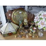 Carved wooden barometer, Tiffany style shade, Beswick animals, and a china vase of flowers