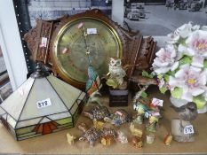 Carved wooden barometer, Tiffany style shade, Beswick animals, and a china vase of flowers