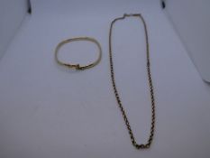 9ct yellow gold bangle of square shape, marked 375, split in band, with a 9ct belcher chain marked 9