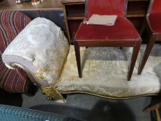 Antique French style chaise longue upholstered in gold damask fabric, painted gold frame AF