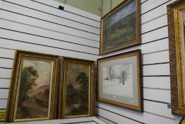 A pair of Victorian landscape paintings by B Davis and 2 other modern paintings
